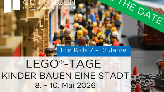 Ankündigung der LEGO-Tage für Kinder vom 8. bis 10. Mai 2026, veranstaltet von den Baptisten Göttingen.