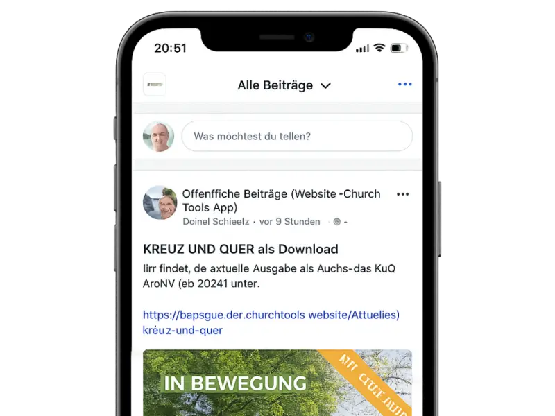 Ein Smartphone-Display zeigt den Feed einer Social-Media-App mit einem Beitrag zum Download einer Ausgabe der Publikation Kreuz und Quer.