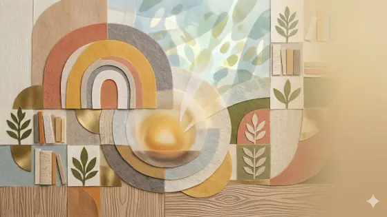 Abstrakte Collage aus geometrischen Formen, Regalen mit Büchern und floralen Motiven in sanften Erdtönen mit einem zentralen Lichteffekt.