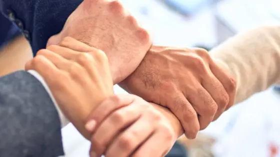Mehrere Menschen halten ihre Hände in einem Kreis zusammen, um Verbundenheit und Teamarbeit zu symbolisieren.