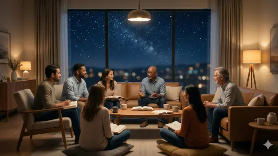 Eine diverse Gruppe von Menschen sitzt in einem gemütlichen Wohnzimmer bei Nacht zusammen, um gemeinsam in Büchern zu lesen und sich zu unterhalten, während im Hintergrund ein sternenklarer Himmel durch ein großes Panoramafenster zu sehen ist.