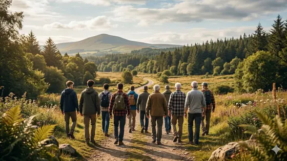 Eine Gruppe von Männern wandert auf einem Feldweg durch eine hügelige Wald- und Wiesenlandschaft.