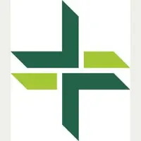 Abstraktes Logo in Form eines Kreuzes, gebildet aus dunkelgrünen und hellgrünen geometrischen Elementen.